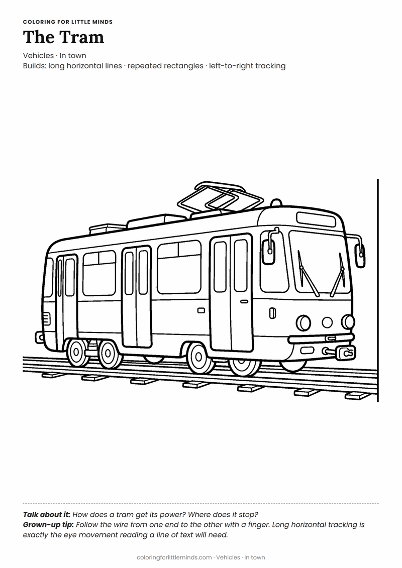 Tram coloring page for ages 4–5 — free printable preview
