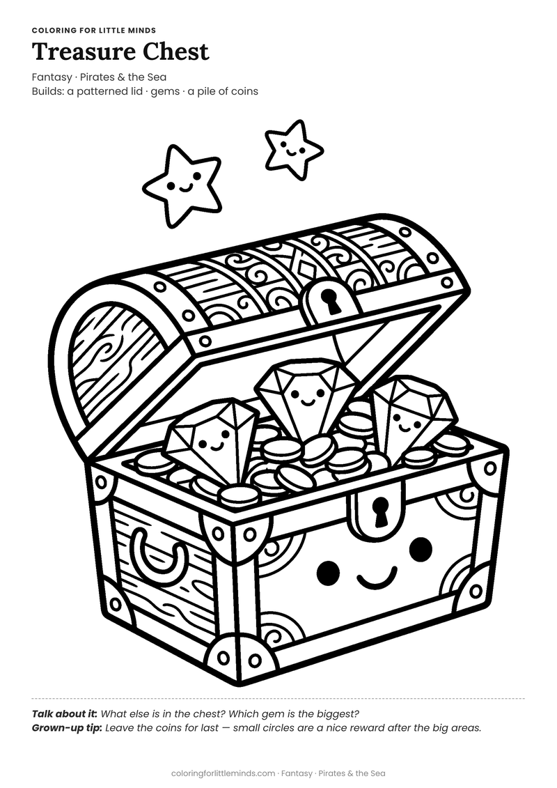 Treasure chest coloring page for ages 5–6 — free full-size printable PDF