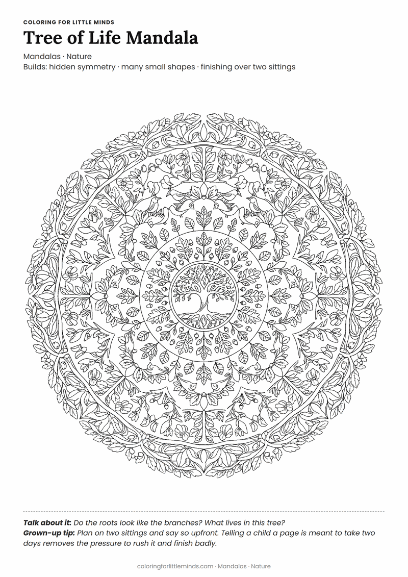 Tree of life mandala coloring page for ages 6–8 — free printable preview