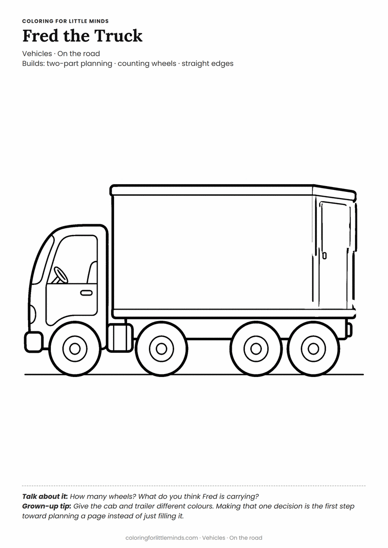 Truck coloring page for ages 3–4 — free printable preview