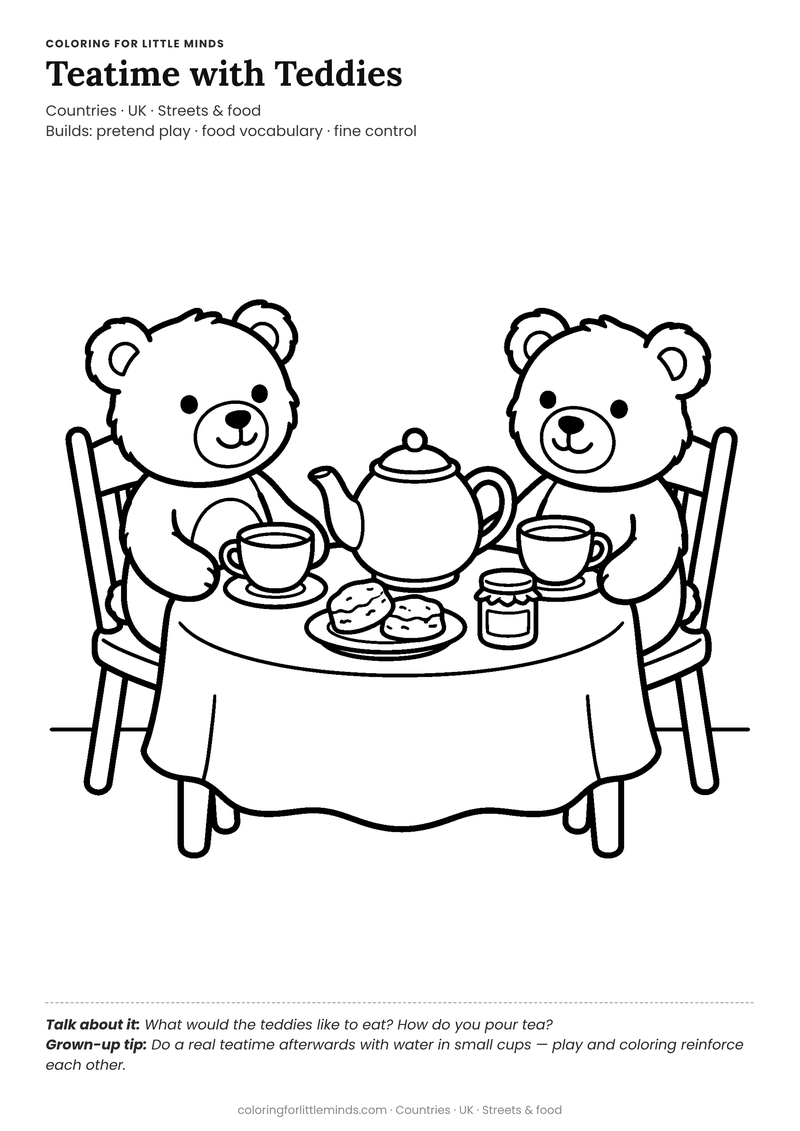 Afternoon tea coloring page for ages 4–5 — free full-size printable PDF