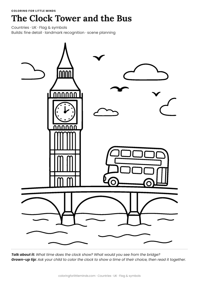 Big ben coloring page for ages 5–6 — free full-size printable PDF