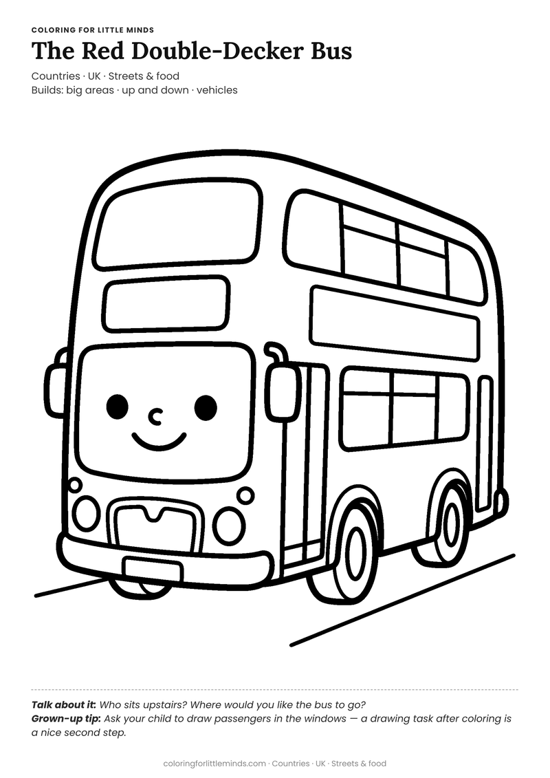 Double-decker bus coloring page for ages 3–4 — free full-size printable PDF