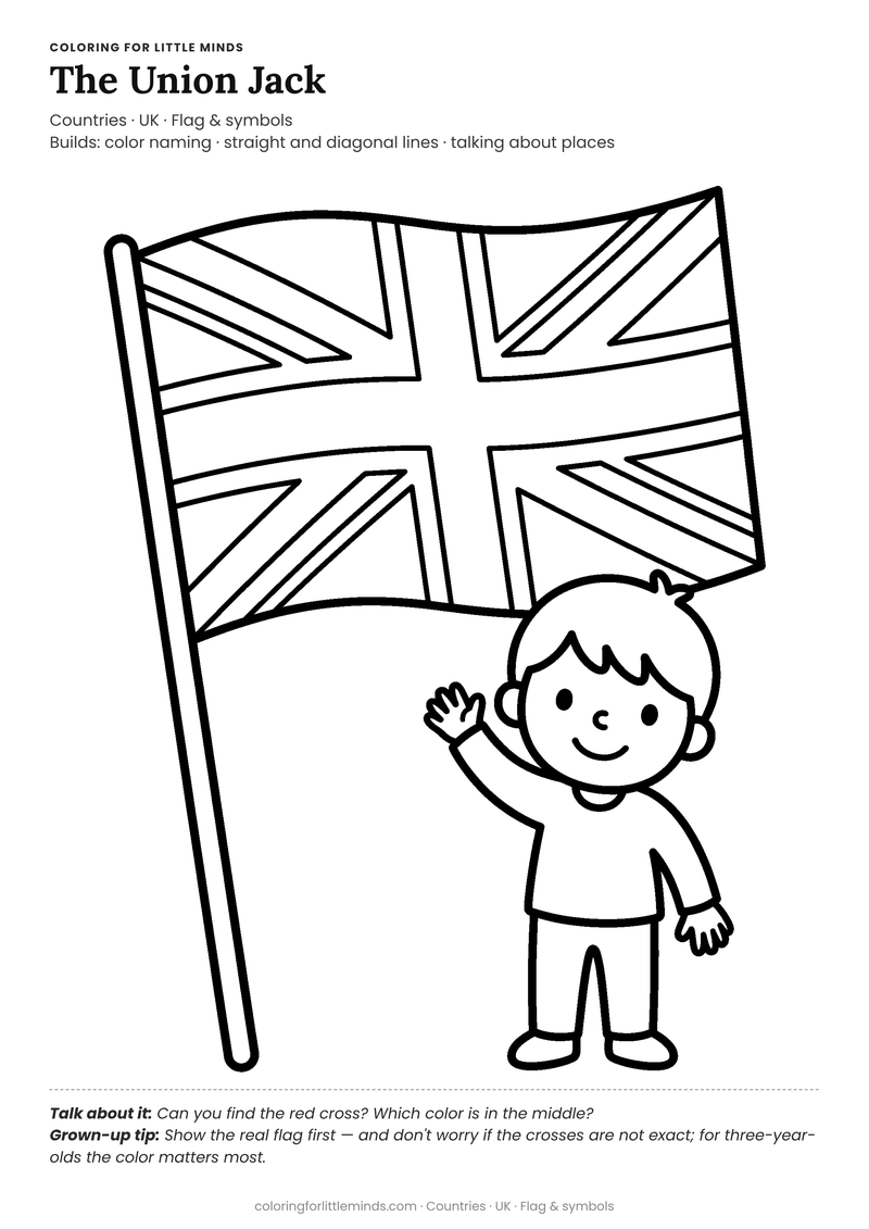 Union jack flag coloring page for ages 3–4 — free full-size printable PDF