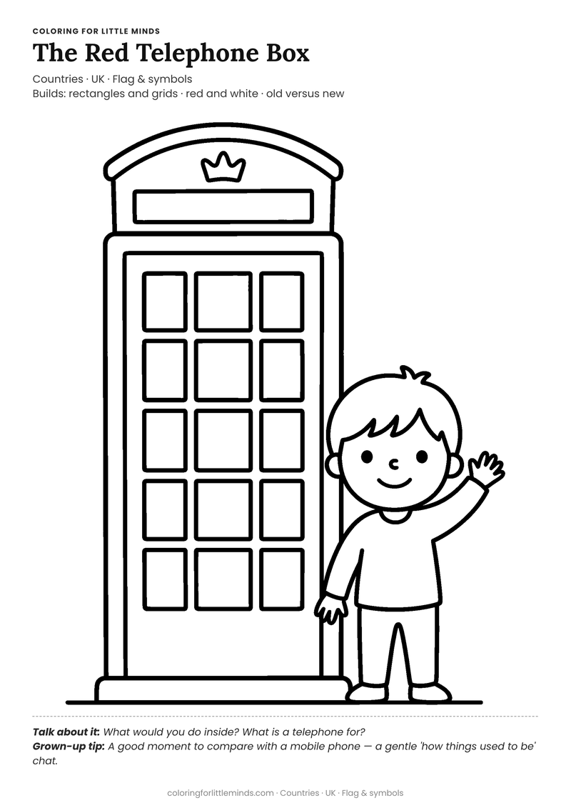 Red telephone box coloring page for ages 3–4 — free full-size printable PDF