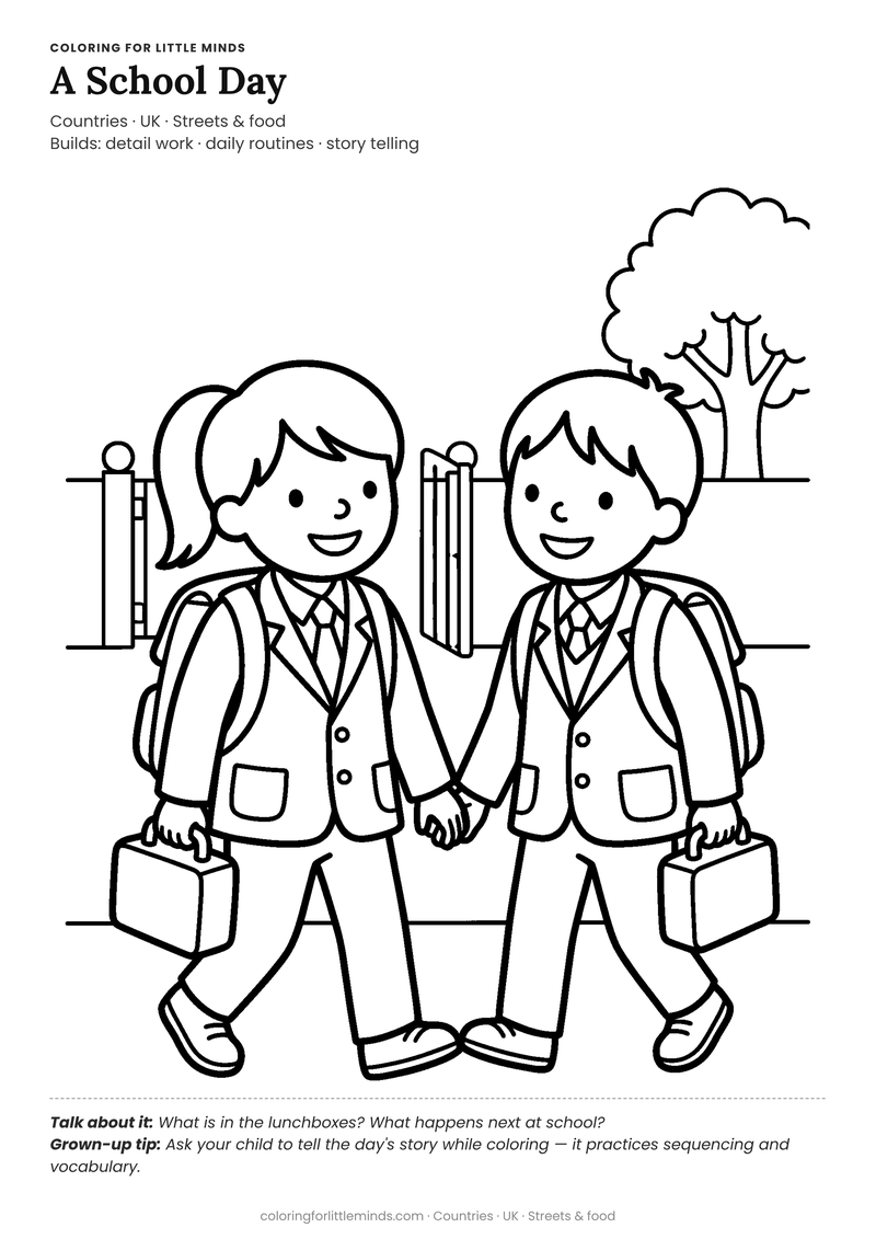 School uniform coloring page for ages 5–6 — free full-size printable PDF