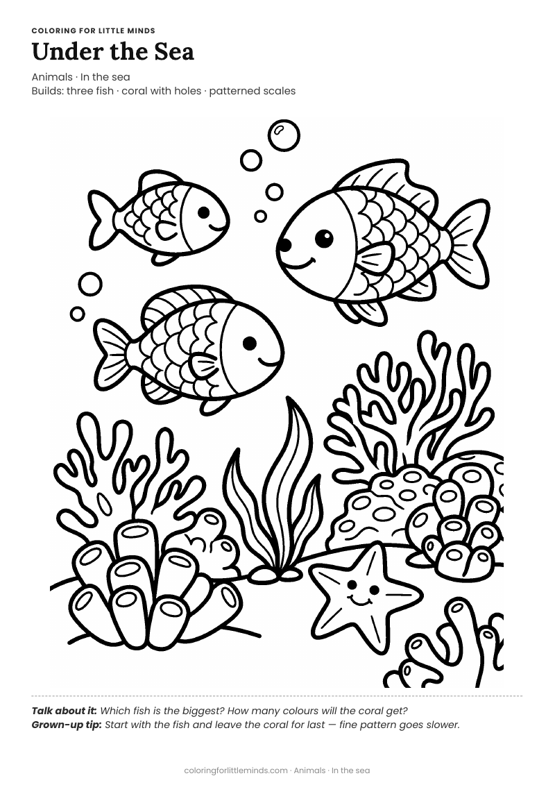 Under the sea coloring page for ages 5–6 — free full-size printable PDF