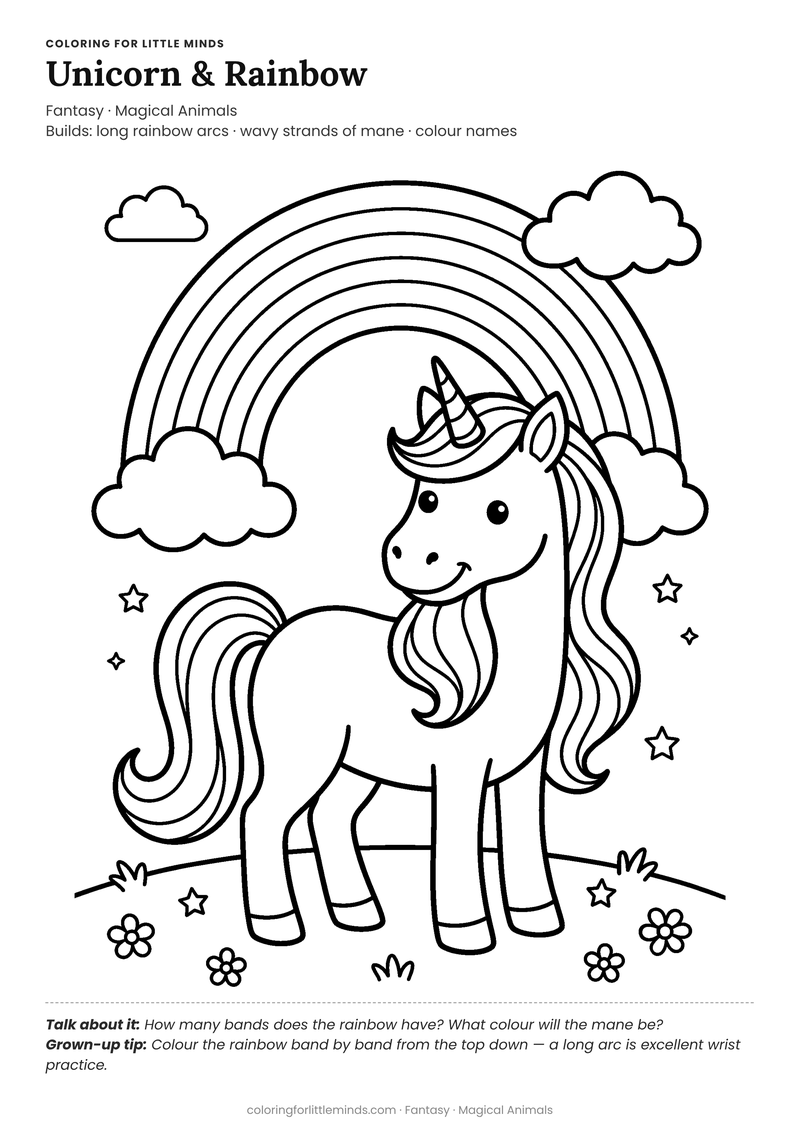 Unicorn rainbow coloring page for ages 5–6 — free full-size printable PDF