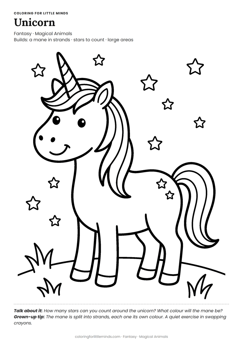 Unicorn coloring page for ages 4–5 — free full-size printable PDF