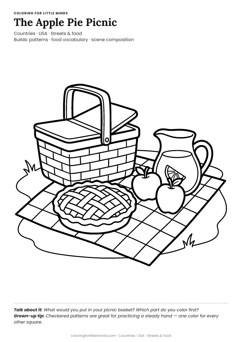 Apple pie picnic coloring page for ages 4–5 — free full-size printable PDF