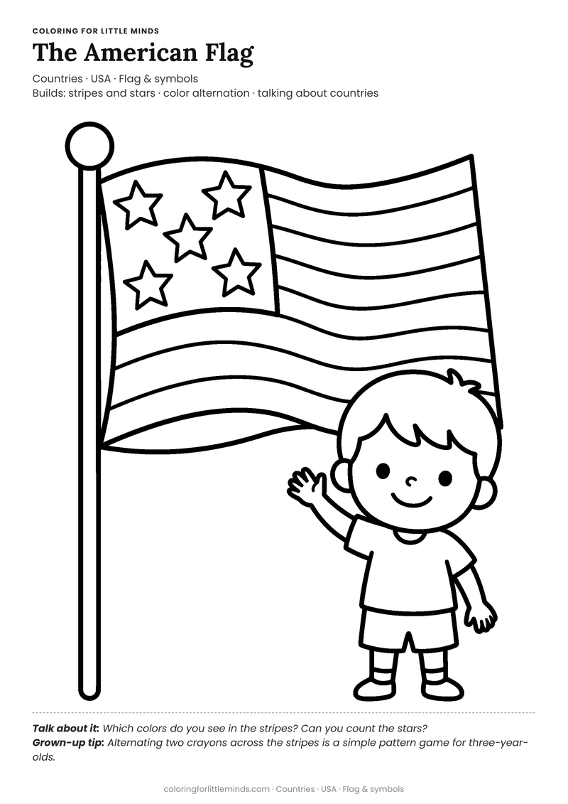 American flag coloring page for ages 3–4 — free full-size printable PDF