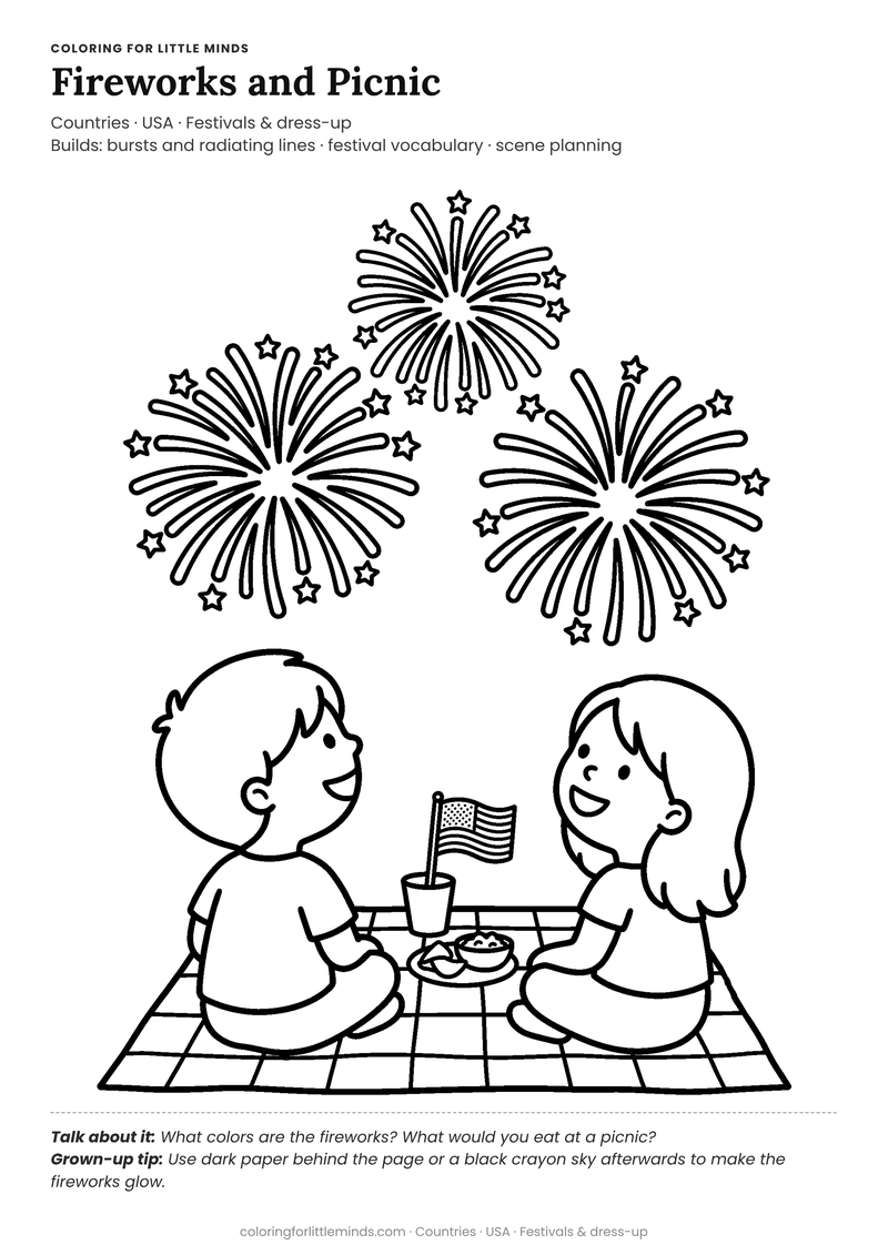 Fourth of july coloring page for ages 4–5 — free full-size printable PDF