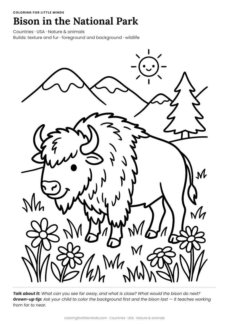 Bison coloring page for ages 5–6 — free full-size printable PDF