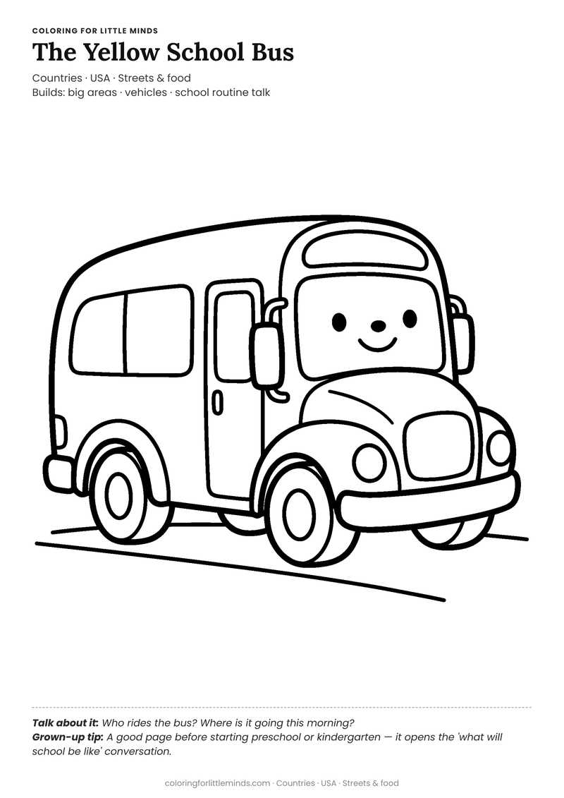 School bus coloring page for ages 3–4 — free full-size printable PDF