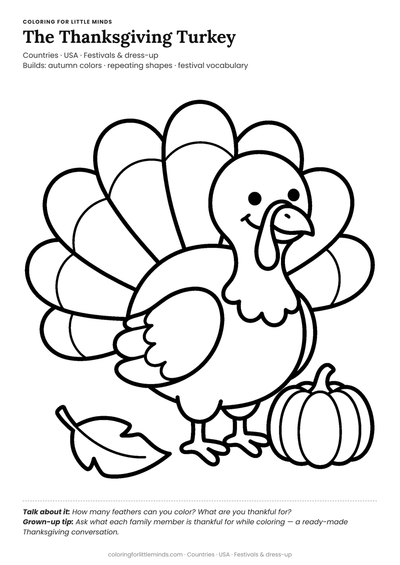 Thanksgiving turkey coloring page for ages 3–4 — free full-size printable PDF