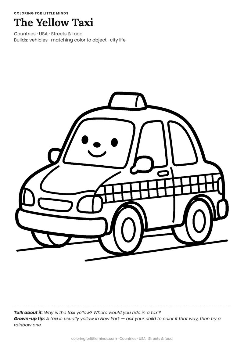 Yellow taxi coloring page for ages 3–4 — free full-size printable PDF