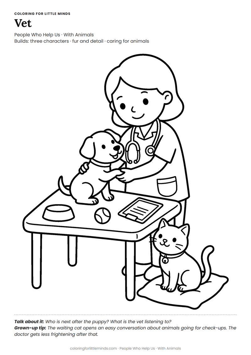 Vet coloring page for ages 5–6 — free full-size printable PDF