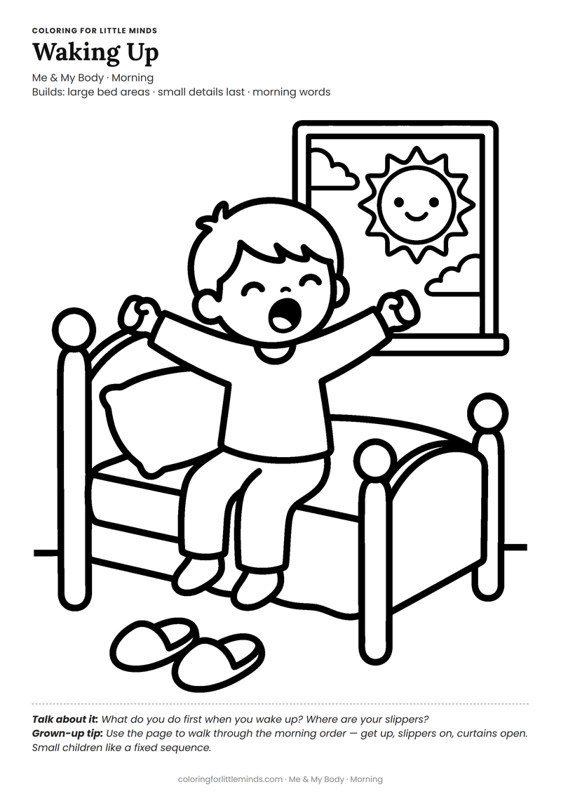 Morning routine coloring page for ages 3–4 — free full-size printable PDF