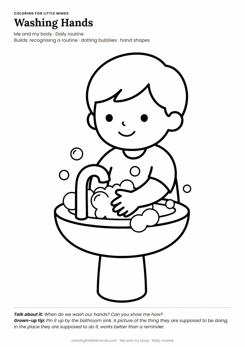 Washing hands coloring page for ages 2–3 — free printable preview