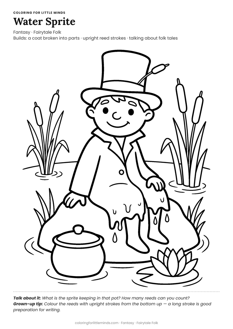 Water sprite coloring page for ages 5–6 — free full-size printable PDF