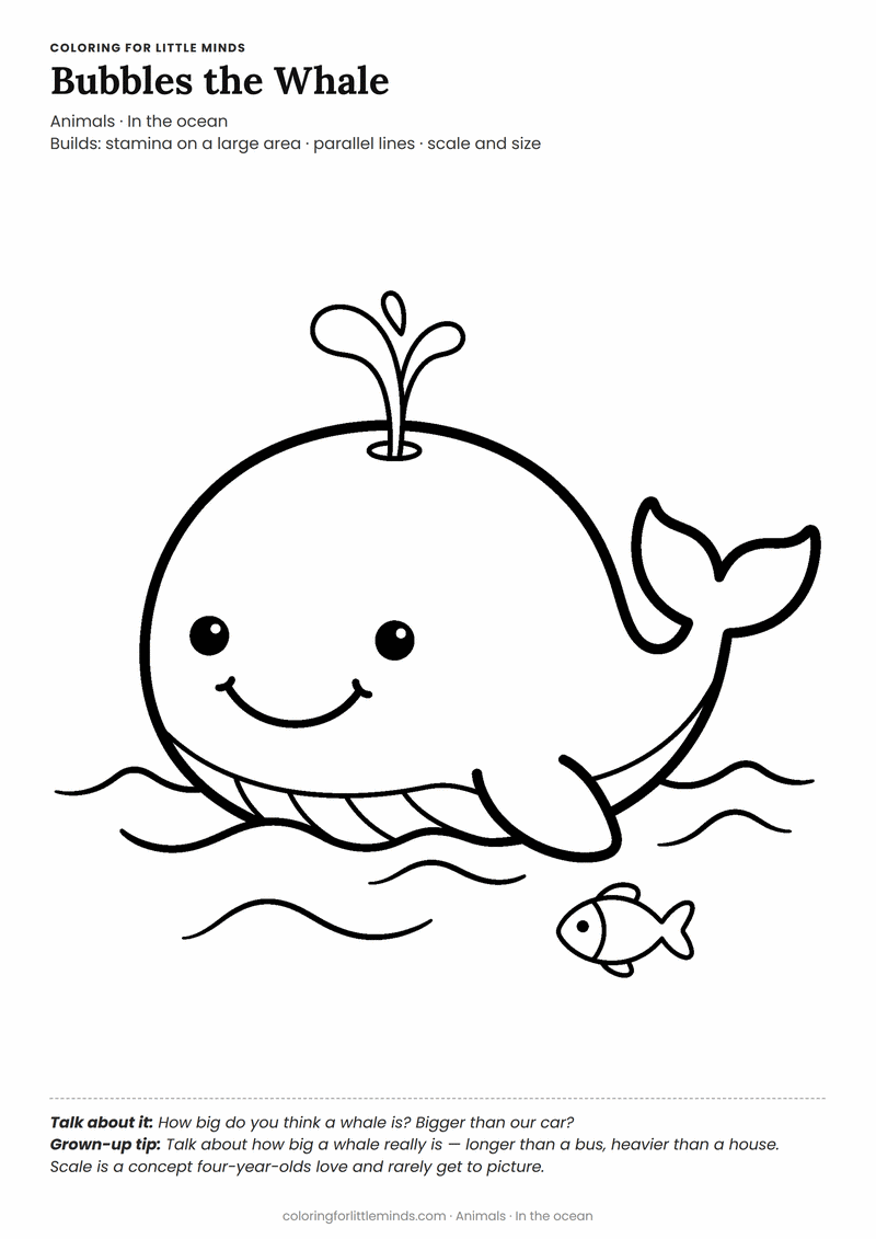 Whale coloring page for ages 4–5 — free printable preview