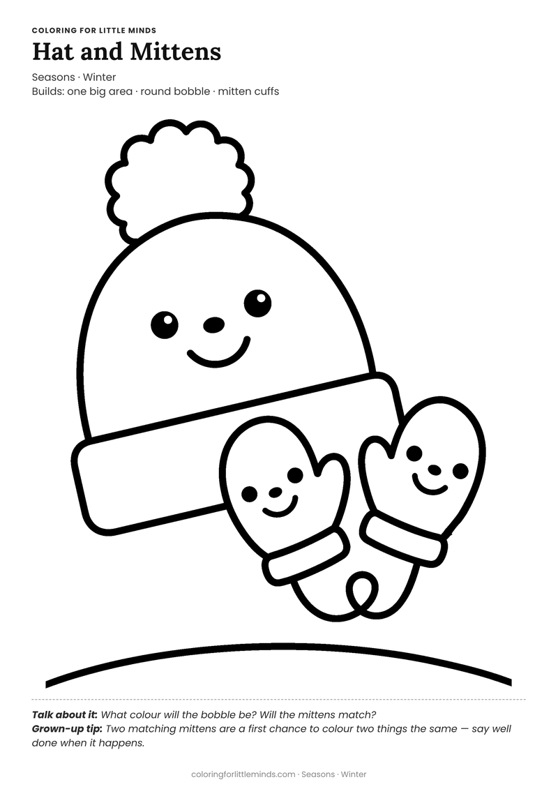 Winter hat and mittens coloring page for ages 2–3 — free full-size printable PDF