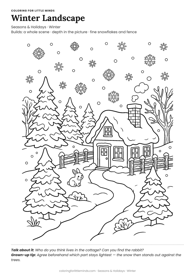 Winter landscape coloring page for ages 6–8 — free full-size printable PDF