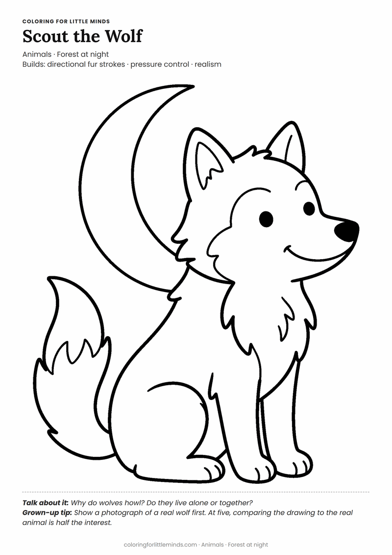 Wolf coloring page for ages 5–6 — free printable preview