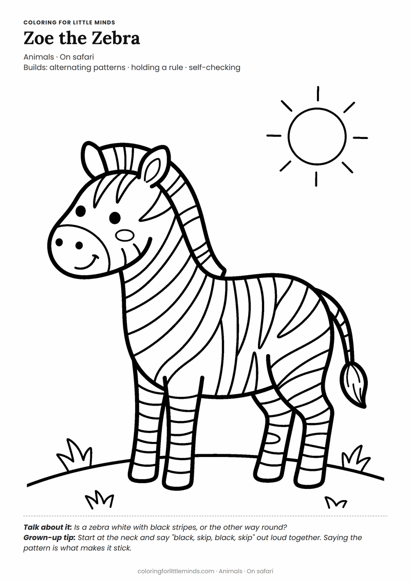 Zebra coloring page for ages 4–5 — free printable preview