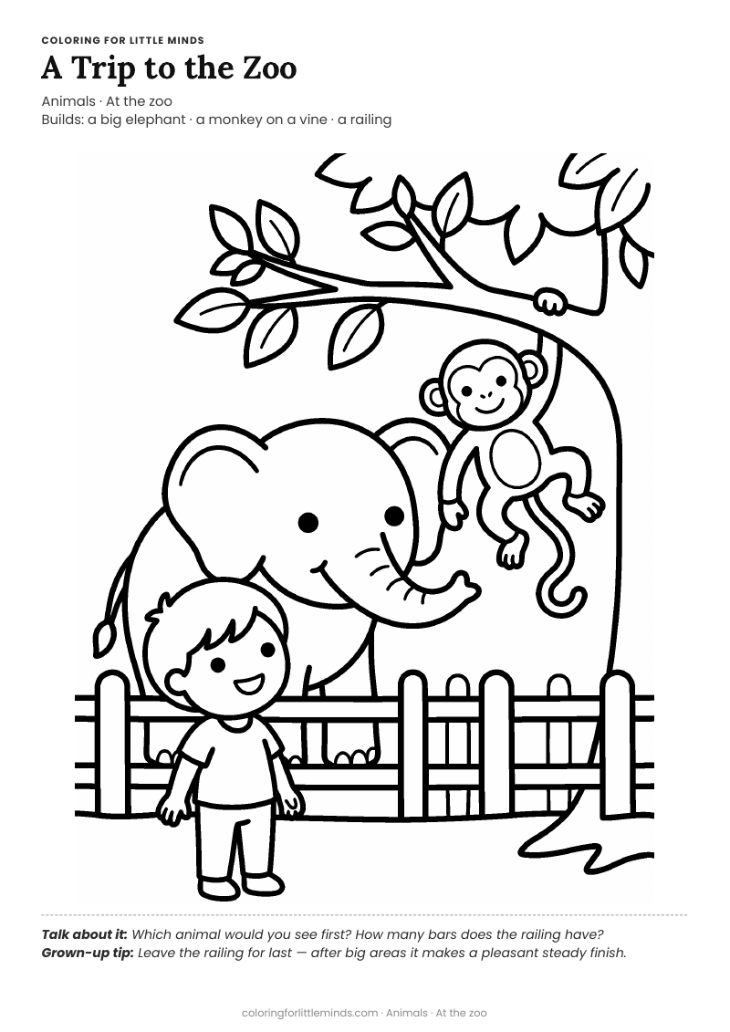 Zoo coloring page for ages 5–6 — free full-size printable PDF